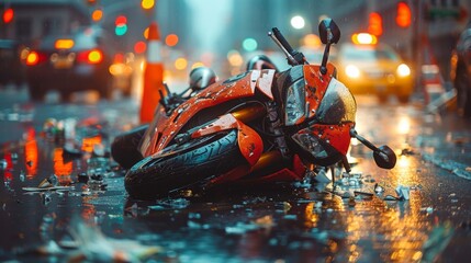 A chaotic scene on a city street where a motorcycle lies on its side near a dented car, both showing signs of a recent collision. Traffic cones and emergency lights blur in the background, emphasizing - obrazy, fototapety, plakaty