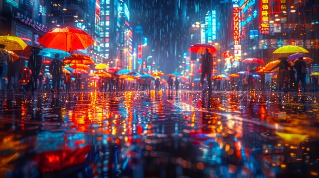 A bustling urban street scene at dusk, neon lights reflecting on wet pavements, people hurrying by with umbrellas, and the vibrant life of the city pulsating under a light rain