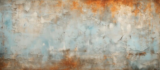 A detailed close up of a rusty metal wall texture, showcasing hues of brown, peach, and electric blue. The intricate pattern resembles a work of art reminiscent of wood painting in visual arts