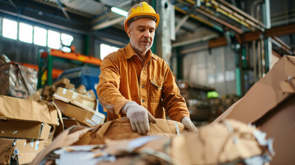 Naklejka na ściany i meble Hardworking man in protective gear sorting through cardboard waste at a recycling plant.