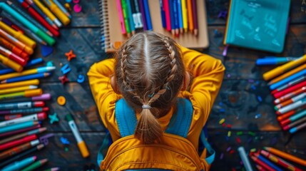 A child at home, carefully labeling new school books and notebooks with their name and class, surrounded by an array of colorful stickers and markers, preparing for the first school day - obrazy, fototapety, plakaty