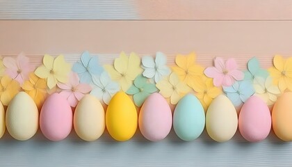 top-down photo of pastel easter eggs and flowers on pastel wooden background - copy text space