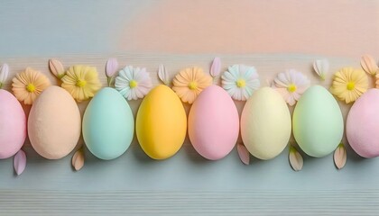 row of pastel easter eggs and flowers on a pastel background