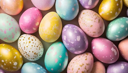 top-down photo of colorful speckled easter eggs with metallic accents