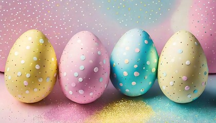 close-up of speckled pastel easter eggs with metallic accents