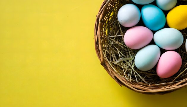 easter eggs in a basket on a yellow background - copy text space