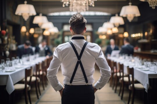 Waiter From Back View Working In A Luxury Restaurant. Illustration For Recruiting Staff