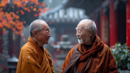 Buddhist monks in traditional clothes talking to each other outdoors with monastery on background. - obrazy, fototapety, plakaty