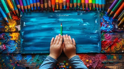 A child's hand reaching for a brightly colored crayon from a scattered array of art supplies, including markers, paintbrushes, and watercolors, surrounding a blank white paper on a wooden table