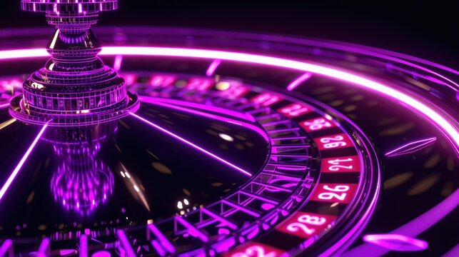 Glowing neon purple casino roulette copy space black background. AI generated image