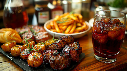 Captivating Close-Ups: Delectable Finger Foods and Drinks at the Pub - obrazy, fototapety, plakaty