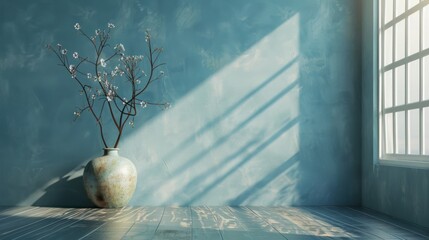 Empty room interior design with vase and branch near window blue background. AI generated image