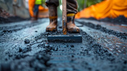 A close-up of a workers hands using a trowel to smooth edges and apply sealant around a freshly laid asphalt patch, meticulous attention to detail ensuring