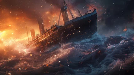 Poster Titanic ship in a dramatic and fiery ocean scene at night. © VK Studio