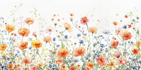 Watercolor painting of vibrant poppies and wildflowers on a clean white background with artistic brush strokes and delicate details