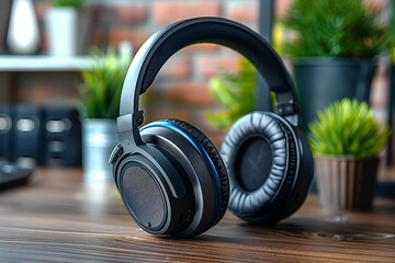 High-quality headphones on a rustic wood table