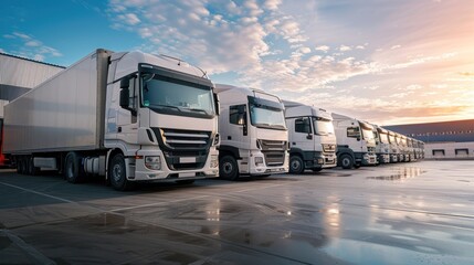 Close up fleet of trucks parked in front of warehouse to delivering factory goods. AI generated