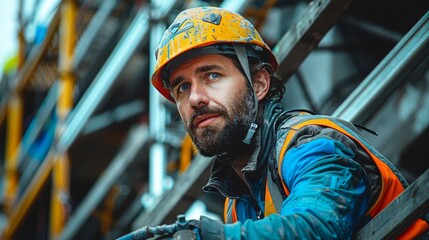 A construction worker, clad in a bright safety vest and hard hat, carefully maneuvers along the roof structure of a building under construction. The worker is securing beams and checking alignments - obrazy, fototapety, plakaty