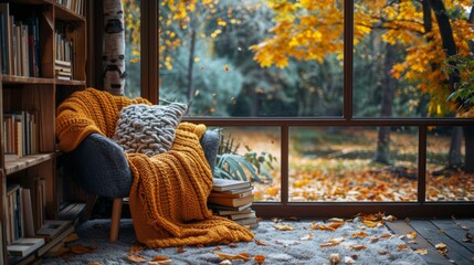 A cozy autumn reading nook setup with a stack of books, a comfortable chair, and a warm blanket, welcoming the cooler days of September.  - obrazy, fototapety, plakaty