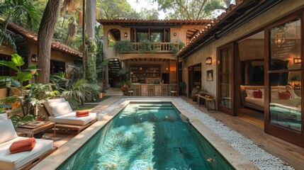 A cozy backyard scene featuring a small, elegantly designed plunge pool, complemented by lush...