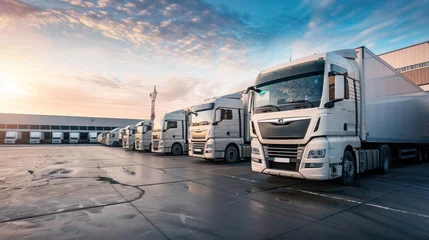 Foto op Plexiglas Close up fleet of trucks parked in front of warehouse to delivering factory goods. AI generated © yusufadi