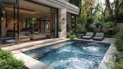 A cozy backyard scene featuring a small, elegantly designed plunge pool, complemented by lush landscaping and comfortable lounge chairs, perfect for relaxation and entertaining  - obrazy, fototapety, plakaty