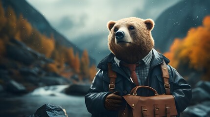 A bear is wearing a suit and carrying a briefcase - obrazy, fototapety, plakaty