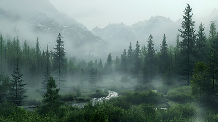 A forest with a stream running through it and fog, mountains in the distance, with a foggy sky and fog in the background, Generative Ai