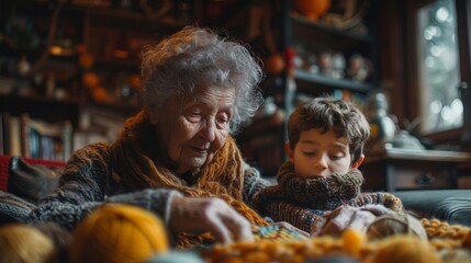 A cozy scene in the living room where a grandmother is teaching her grandson how to knit, with colorful balls of yarn around them and a half-finished scarf on her lap - obrazy, fototapety, plakaty