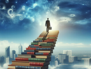 Businessman standing on stairs leading up into the sky. Person walking up stairs made out of books. Person on book stairs.
