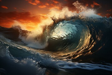 A massive wave crashes in the ocean under the sunset sky