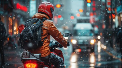 A delivery person on a motorcycle swerving to avoid a pothole, packages secured on the back, emphasizing the additional risks and challenges faced by those working on the road in a city  - obrazy, fototapety, plakaty