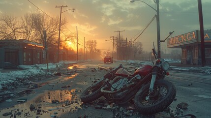 A deserted intersection at dawn, where a crashed motorcycle lies in a heap against a car's side. The early morning light casts long shadows, highlighting the isolation and suddenness of the accident - obrazy, fototapety, plakaty