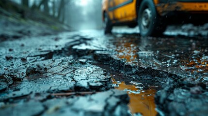 A detailed shot of an old, damaged asphalt pavement, with visible layers and textures, a tire puncture repair van parked nearby, symbolizing the frequent necessity 