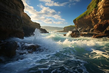 Fototapeta na wymiar A vast body of water with rocky cliffs, under the open sky