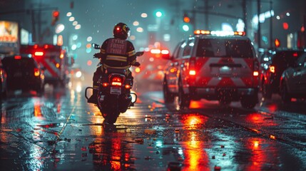 A dramatic evening scene where emergency services attend to a motorcycle and car collision, with...
