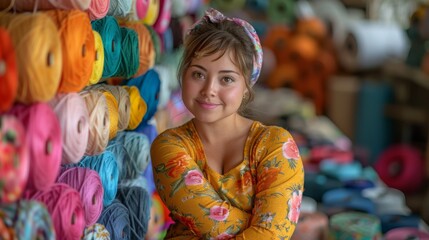 A fabric store worker with Down syndrome tidying up the craft section, her attention to detail ensuring that every ribbon, button, and thread is in its right place, her happiness 