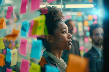 A woman is standing in front of a magenta wall covered in sticky notes, creating a fun and visually appealing art piece for a street art event