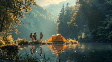 A family camping trip in a lush forest, with children helping to set up the tent and exploring the surrounding nature, discovering the beauty of the outdoors  - obrazy, fototapety, plakaty