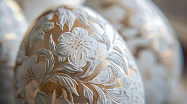 A close-up image showcasing the intricate detail of a richly decorated, hand-painted floral egg
