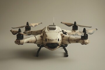 Fototapeta premium A drone on a studio background in khaki shades with a shark design in front. Drone in the form of a shark on a sandy background.
