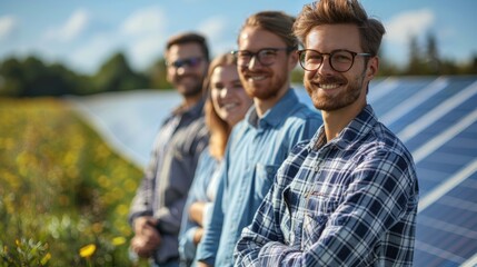 Fototapeta premium A group of office workers stands in front of solar panels on a bright day