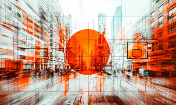 Abstract Cityscape with Basketball Hoop and Giant Orange Circle