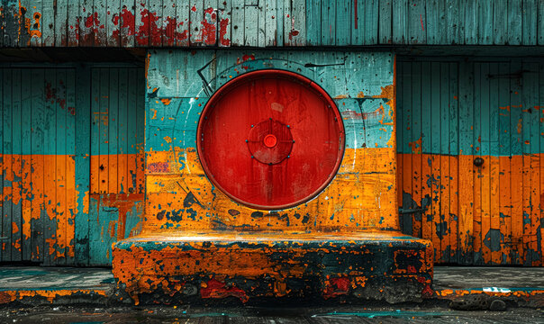 Red Circular Object on Weathered Multicolored Wooden Wal