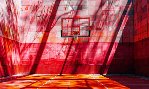 Basketball Hoop Casting Shadows on Vibrant Red Court, Urban Sports