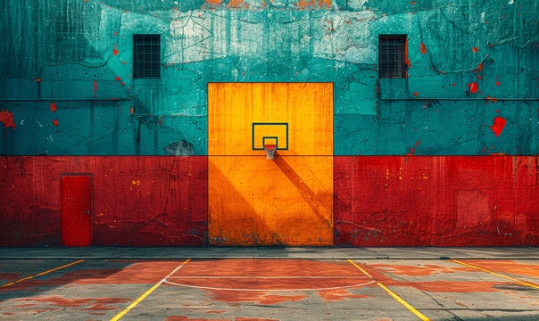 Basketball Backboard on Colorful Wall with Shadow, Urban Court