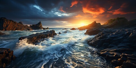 Dusk descends over coastal rocks as waves crash under a colorful sky
