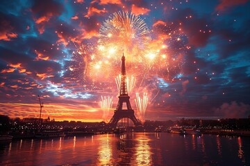 The Eiffel Tower stands majestically against a sky illuminated by vibrant fireworks, reflecting a joyous celebration in a Parisian evening - obrazy, fototapety, plakaty