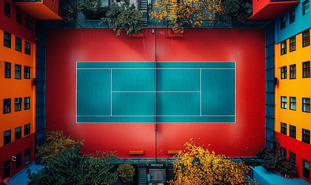 Courtyard Basketball Court Flanked by Colorful Buildings, Aerial View