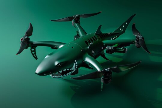 An aerial drone with shark-shaped propellers. The entire photo is in dark green shades and military style.